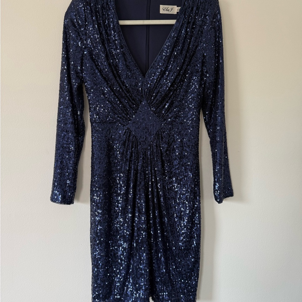 Eliza J Navy Blue Sequin Long Sleeve Cocktail Dress V-Neck Size 8